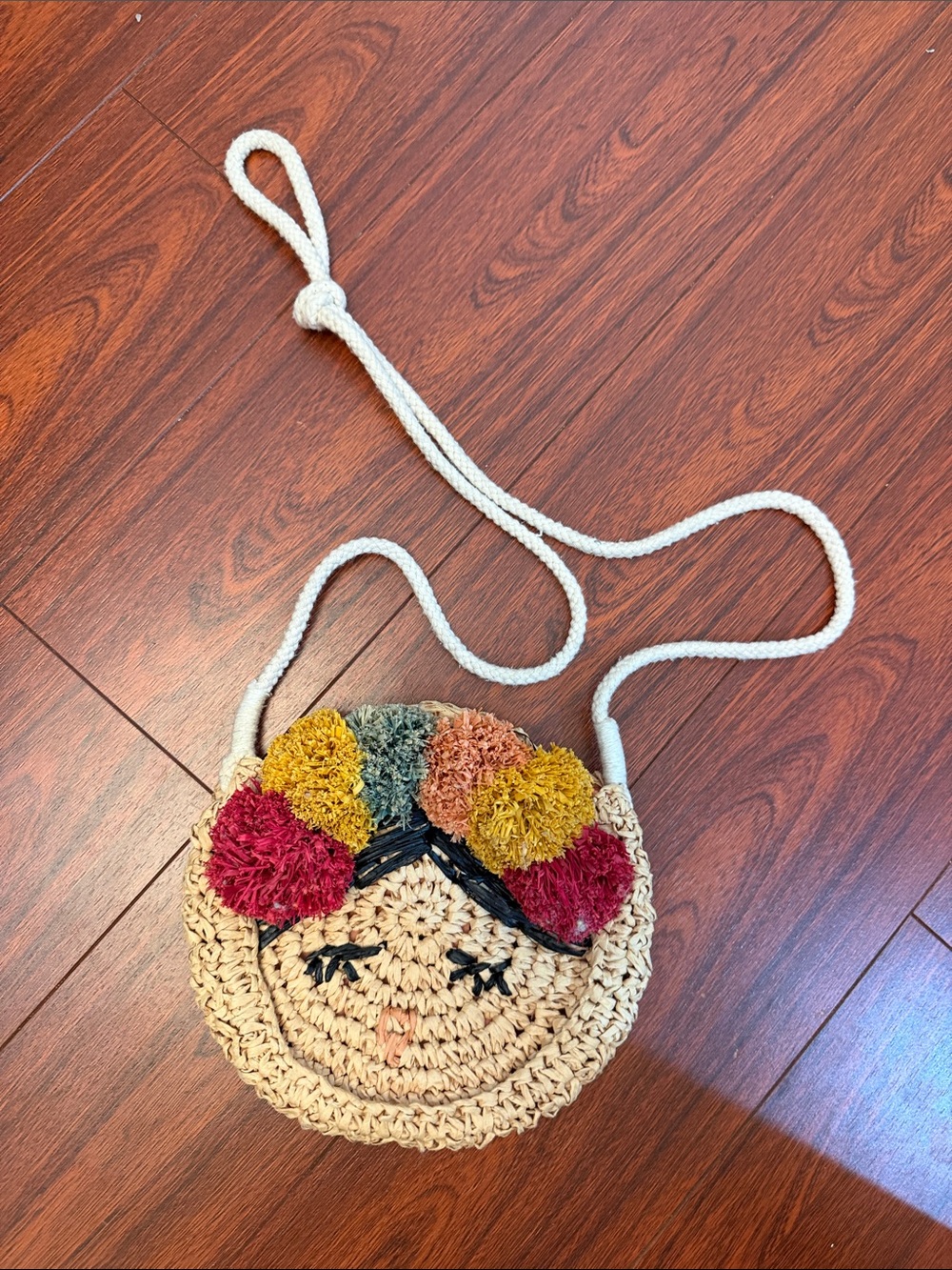 Zara Kids Cream Straw Crossbody Bag with Red, Yellow, Green, Pink Pom-Poms